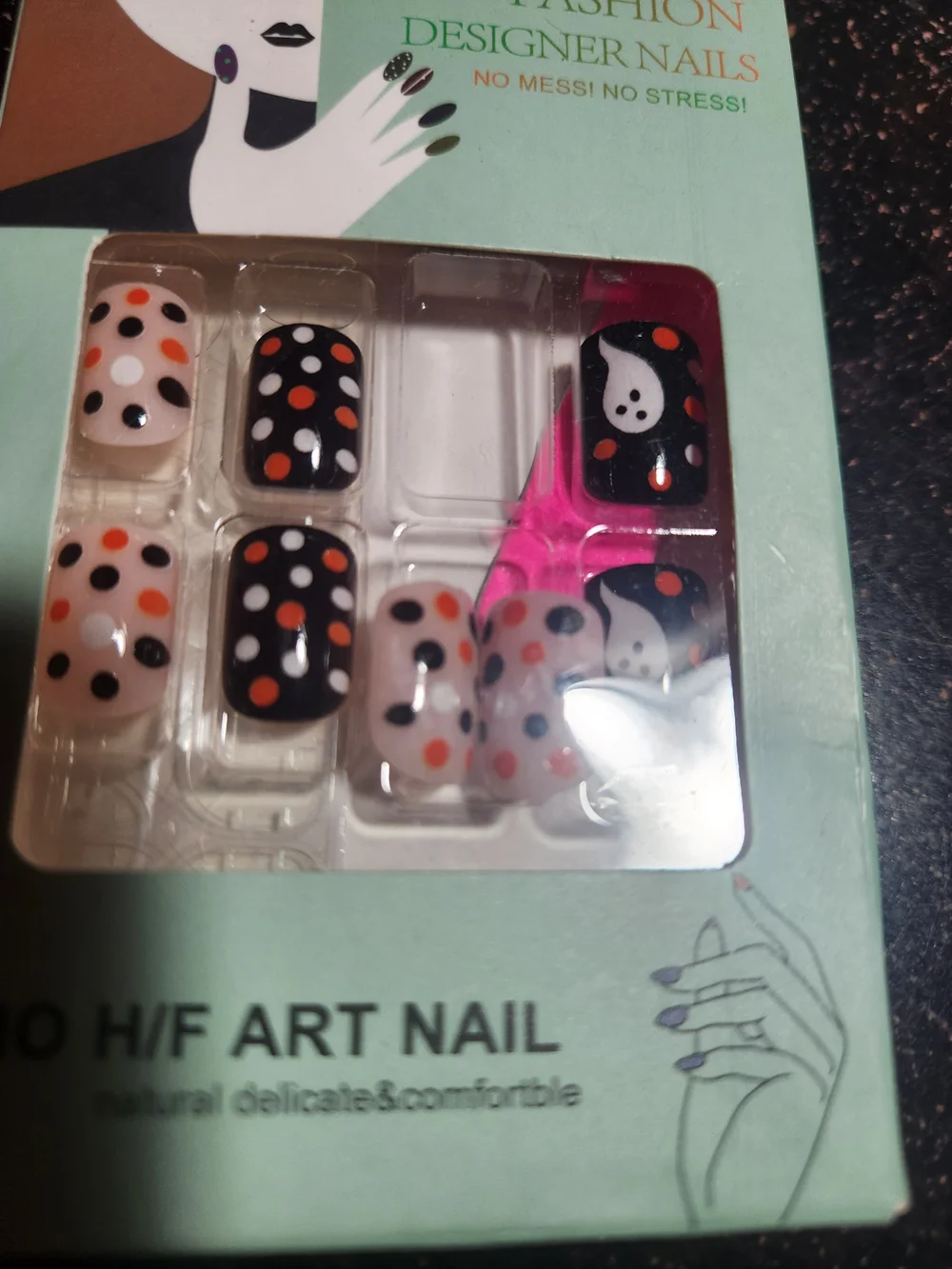 Halloween Ghost & Polka Dot Press-On Nails - Black, Orange, White